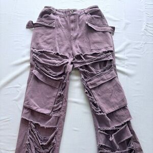 AKIRA Mauve Distressed Cargo Jeans